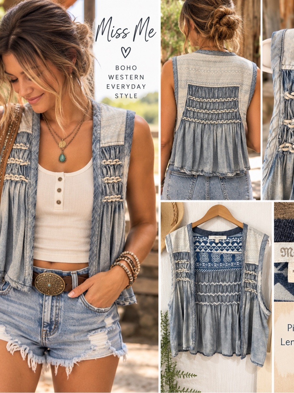 Miss Me Washed Light Blue Denim Sleeveless Boho Vest